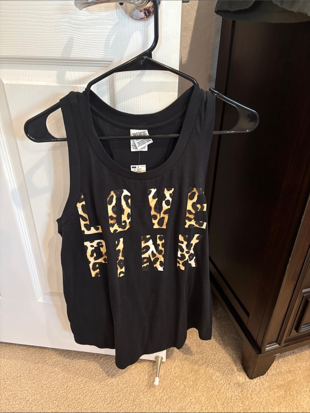 PINK Victoria's Secret Black Tank Top with Leopard Print Logo